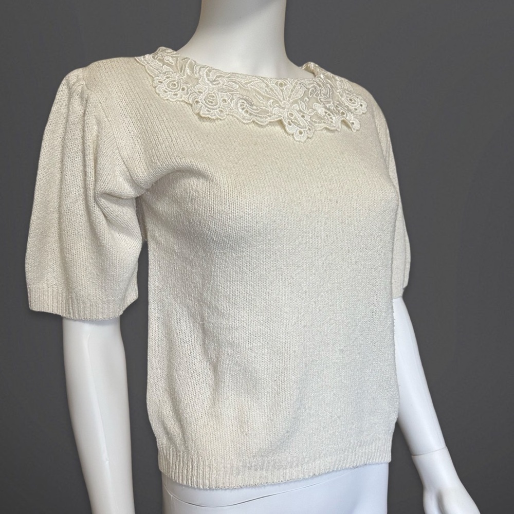 Vintage 1980s Ivory Lace Collar Knit Short Sleeve Top Petite Large